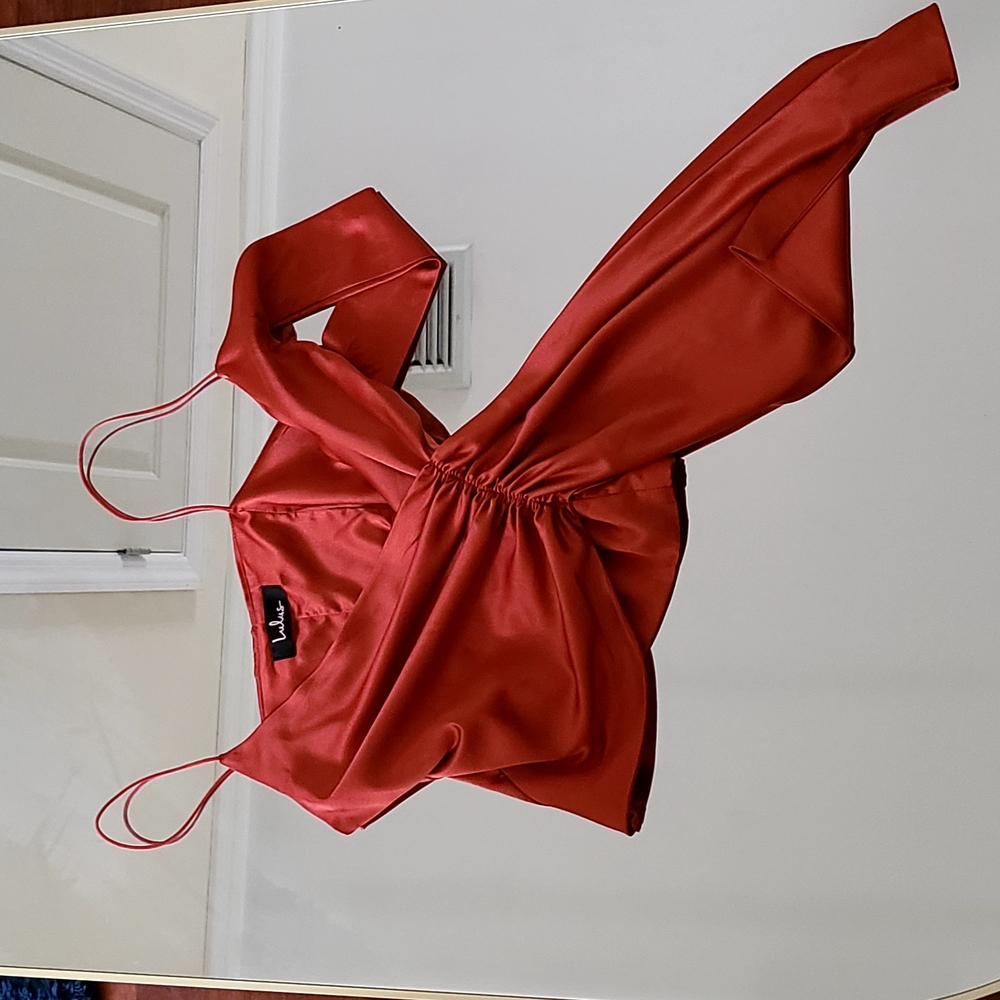 Chic Burnt Orange Satin Crop Top with Spaghetti Straps